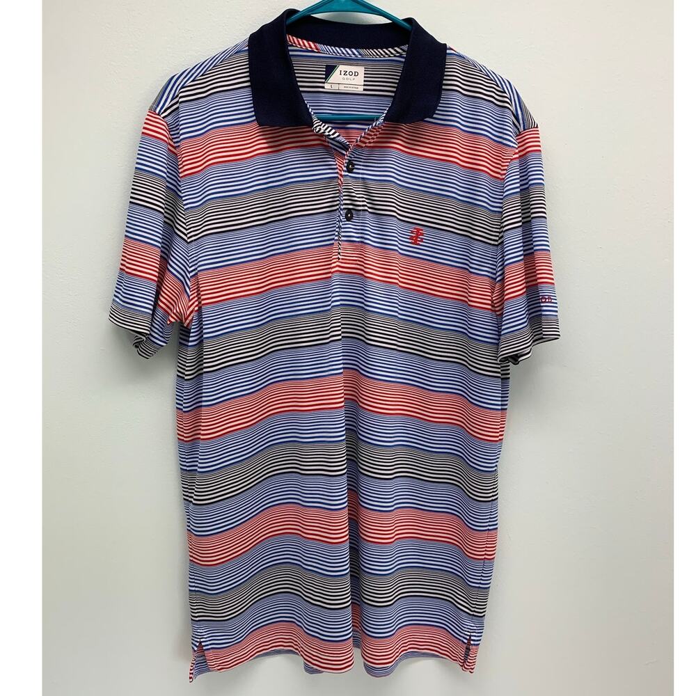 IZOD Golf Mens Large Polo Shirt Short Sleeve Striped 100% Polyester Logo